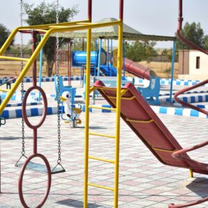 Vibrant playground with slides and swings in outdoor park setting.